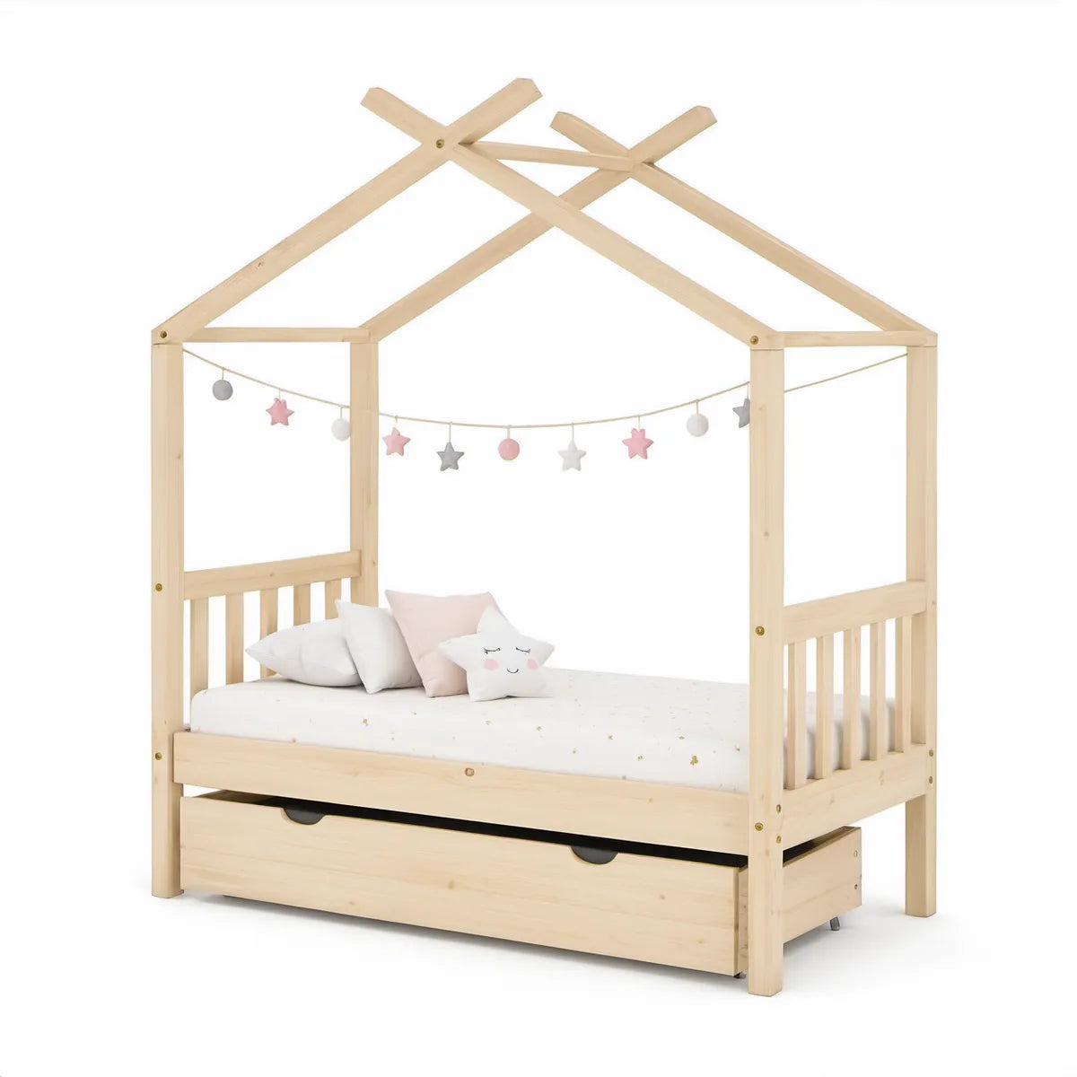 Natural Solid Pine Twin House Bed Frame with Storage Drawer, 78.7 x 41.3 x 68.9 in