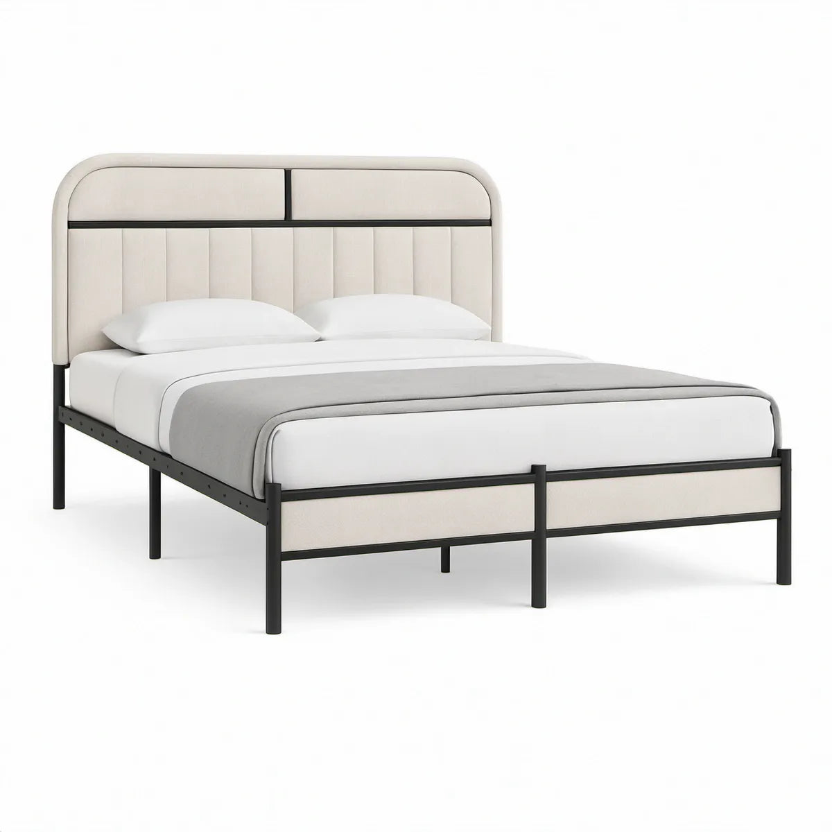 Queen Upholstered Platform Bed Frame, 64 x 85 x 52 in, Cream and Black