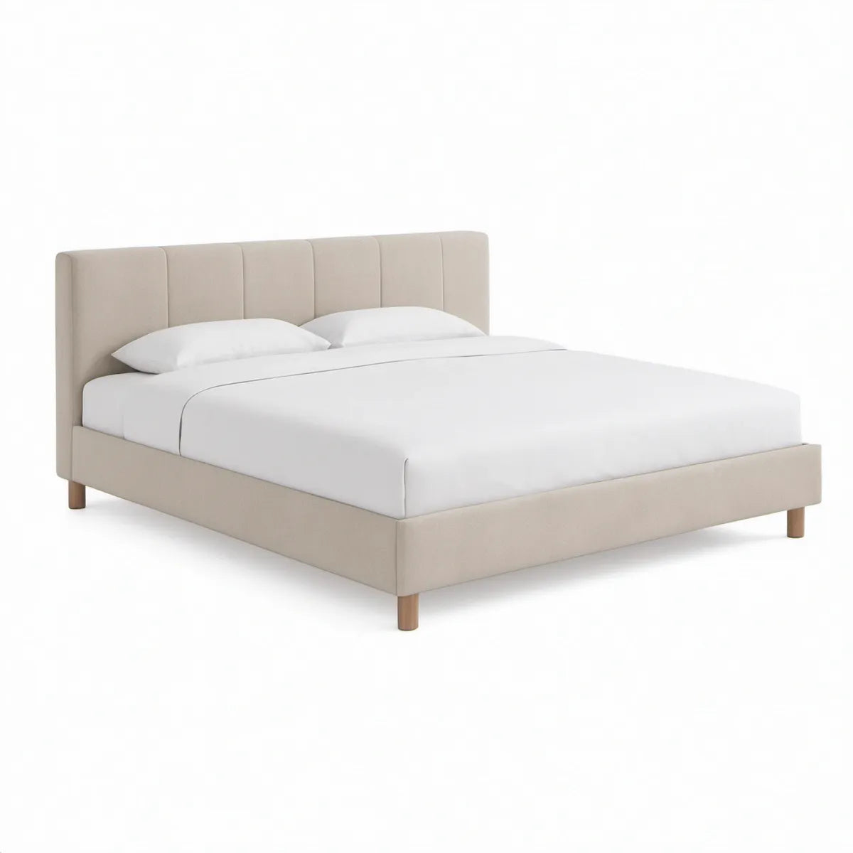 Queen Beige Upholstered Platform Bed Frame with Vertical Channel Headboard, 86 x 65 x 46 in