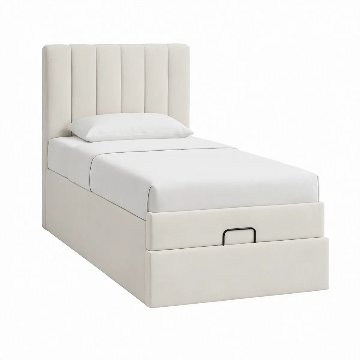 Twin Upholstered Storage Bed Frame with Vertical Channel Headboard, Ivory, 42 x 80 x 54 in