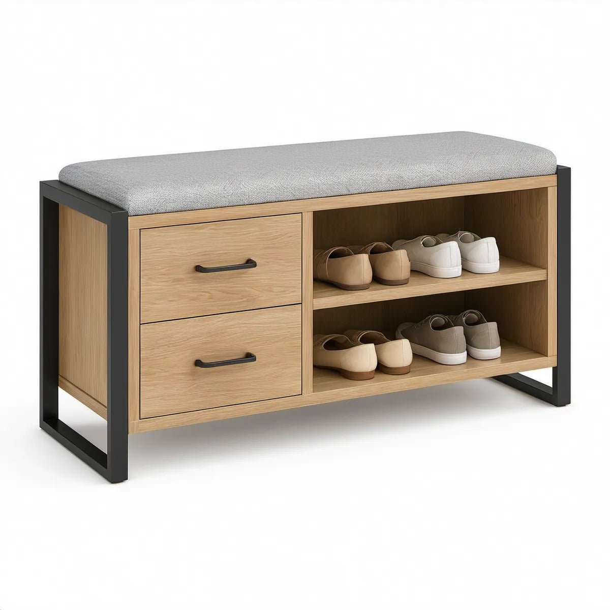 Oak and Black Shoe Storage Bench with Light Gray Padded Seat, 2 Drawers and 2 Shelves, 39.4 x 15.7 x 19.7 in