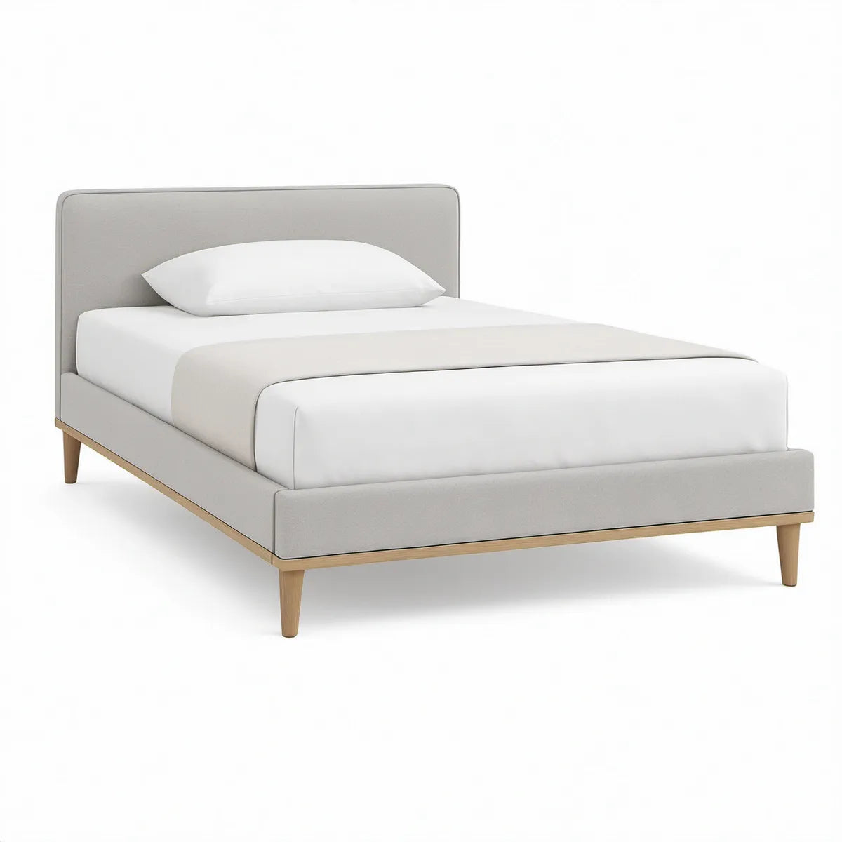 Queen Upholstered Platform Bed Frame with Rounded Headboard, Light Gray and Natural Brown, 64 x 86 x 45 in