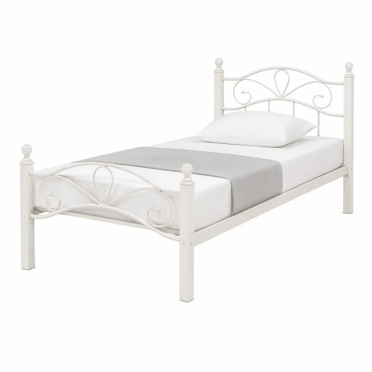 White Twin Metal Frame with Curved Scrollwork, 77.5 x 40.5 x 38 in