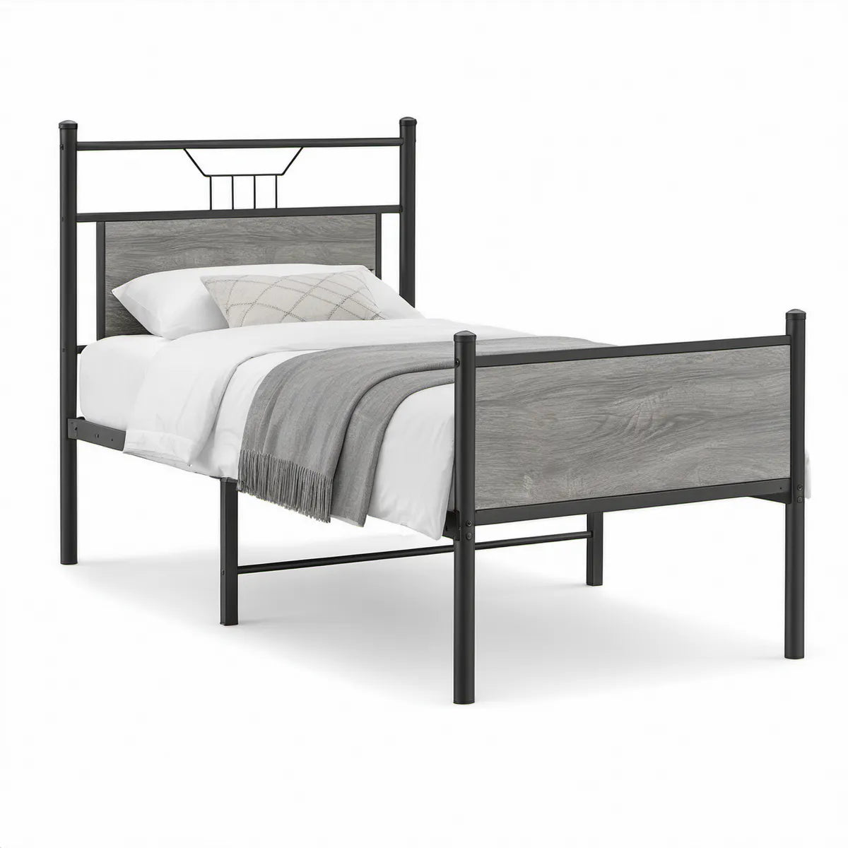 Full-Size Metal Platform Bed with Gray Wood-Grain MDF Panels, Black/Gray, 57 x 78 x 43 in