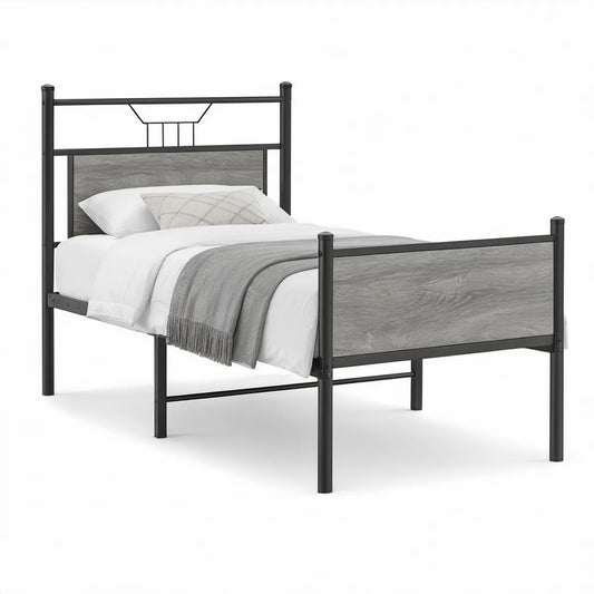 Full-Size Metal Platform Bed with Gray Wood-Grain MDF Panels, Black/Gray, 57 x 78 x 43 in