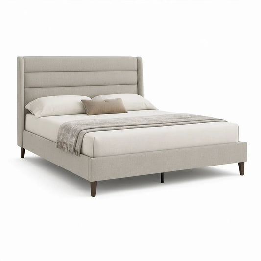 Queen Beige Upholstered Platform Bed Frame with Channel-Tufted Headboard, 65 x 86 x 54 in