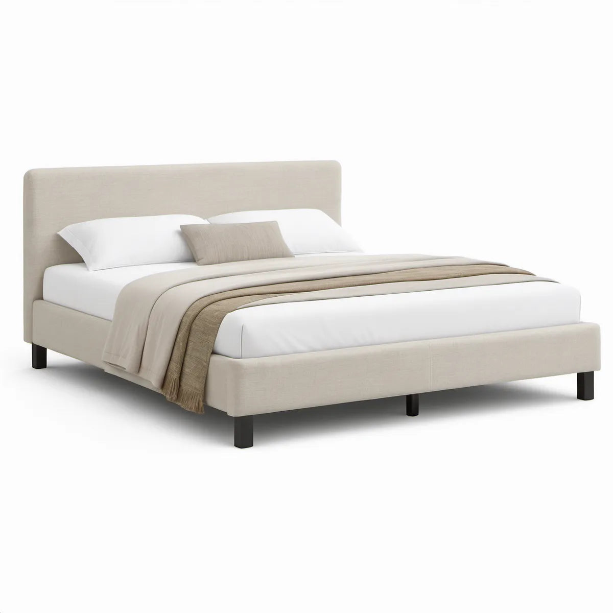 Queen Upholstered Platform Bed Frame, Beige with Black Legs, 66 in W x 86 in L x 45 in H