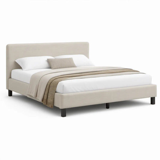 Queen Upholstered Platform Bed Frame, Beige with Black Legs, 66 in W x 86 in L x 45 in H