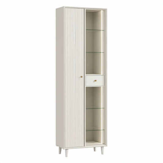 White LED Display Cabinet with Fluted Door, Glass Shelves, Drawer and Gold Hardware, 31.5 x 15.7 x 78.7 in