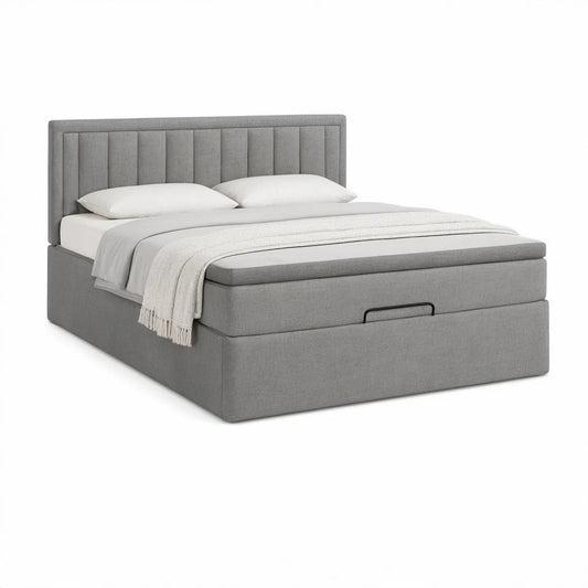 Queen Upholstered Lift-Up Storage Bed with Vertical Channel Headboard, Gray, 64 x 84 x 46 in