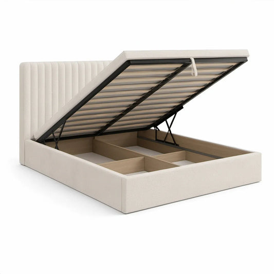 Queen Ivory Upholstered Lift-Up Storage Bed Frame, 84 x 64 x 45 in