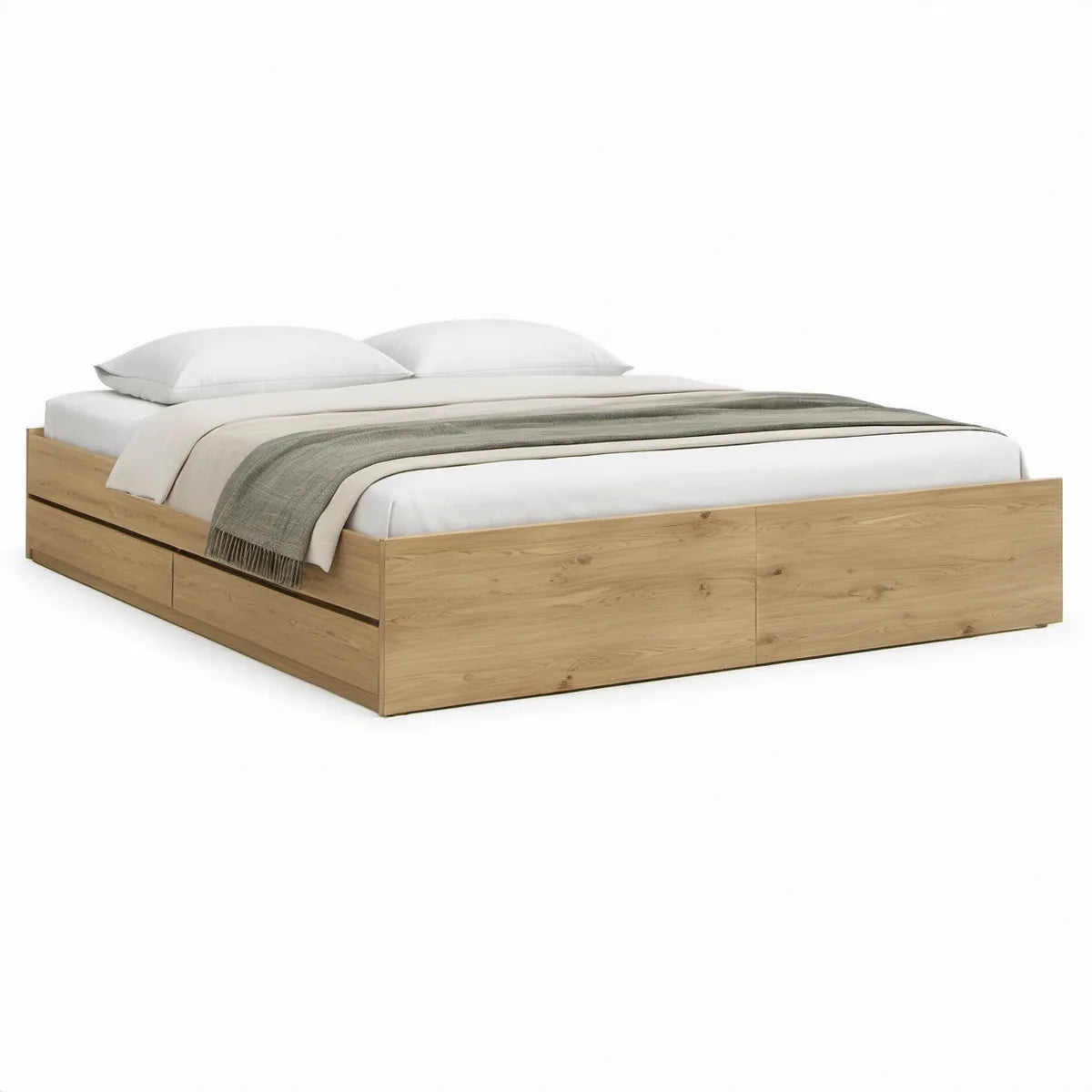 Queen Natural Oak Storage Platform Bed, 63 in W x 83 in L x 16 in H