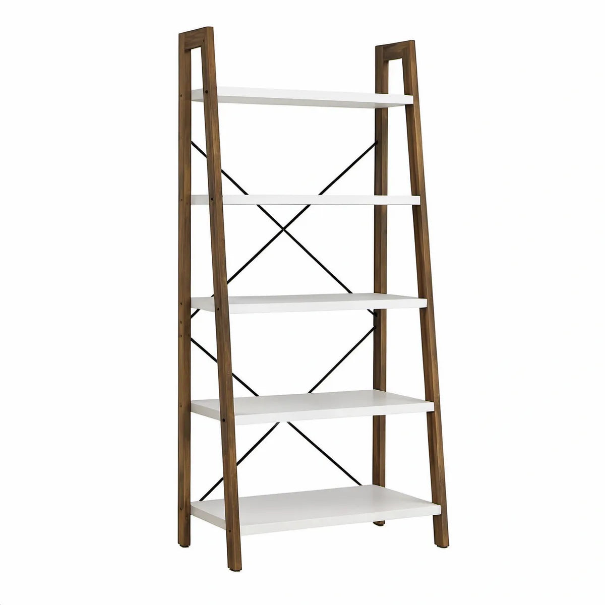 5-Tier Ladder Shelf, 24 x 16 x 72 in, White/Brown/Black