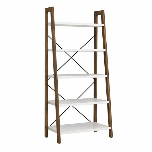 5-Tier Ladder Shelf, 24 x 16 x 72 in, White/Brown/Black