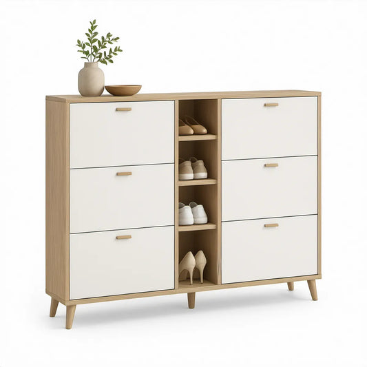 47.2 in Wide Tilt-Out Shoe Storage Cabinet with Open Shelves, White and Natural Oak