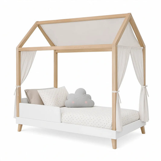 Twin House Canopy Bed Frame, Solid Pine Wood and MDF, White/Natural/Off White, 80 x 44 x 75 in