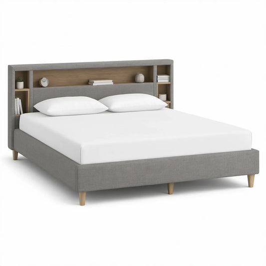 Queen Gray Upholstered Platform Bed Frame with Storage Headboard, 60 x 80 in