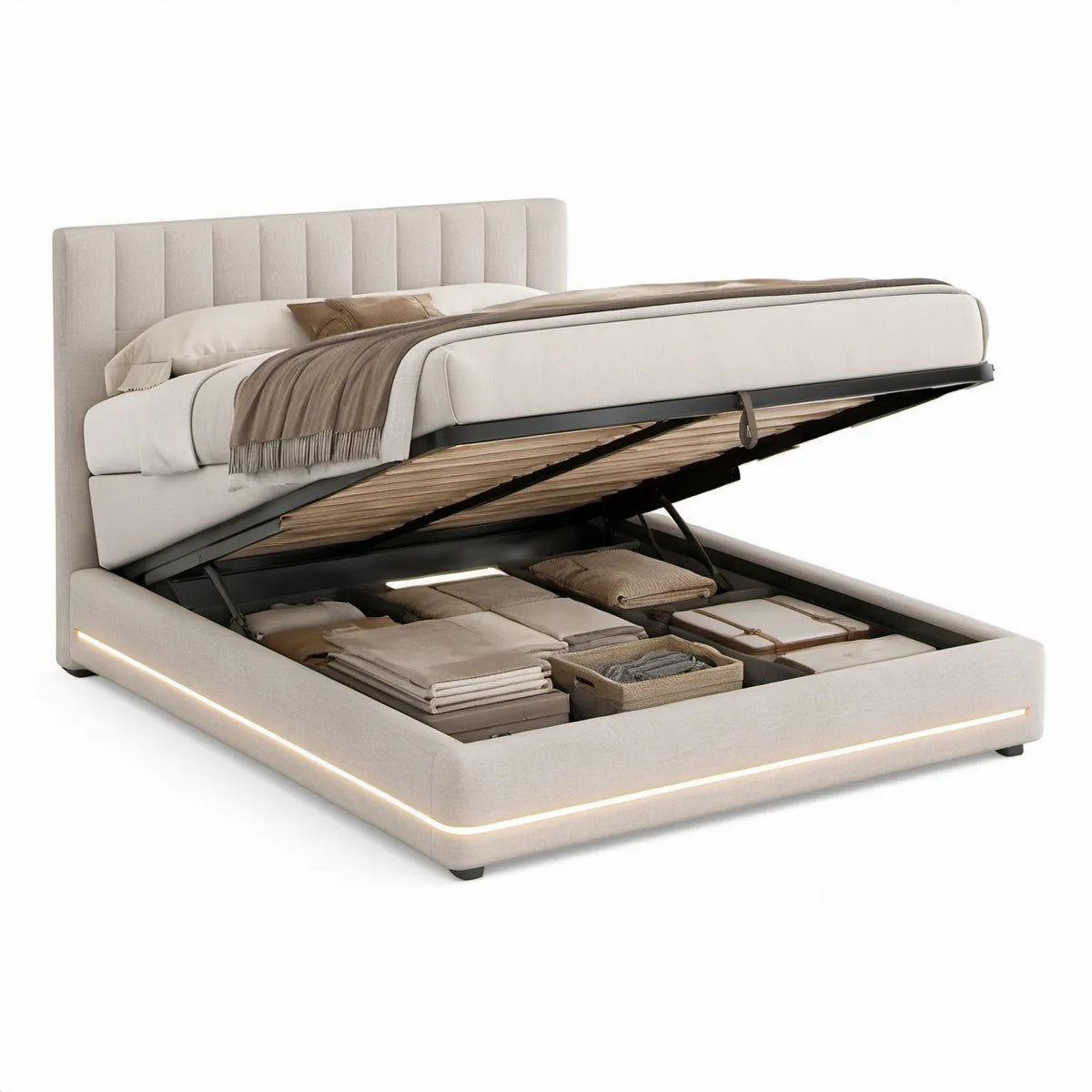 Ivory Queen Upholstered Lift-Up Storage Bed Frame with LED Lights, 60 x 80 in.