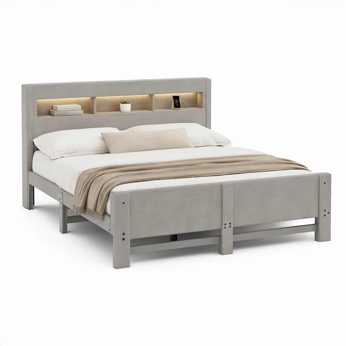 Gray Queen Platform Bed with Lighted Storage Headboard, Power Outlet and Slats, 89 x 65 x 50 in
