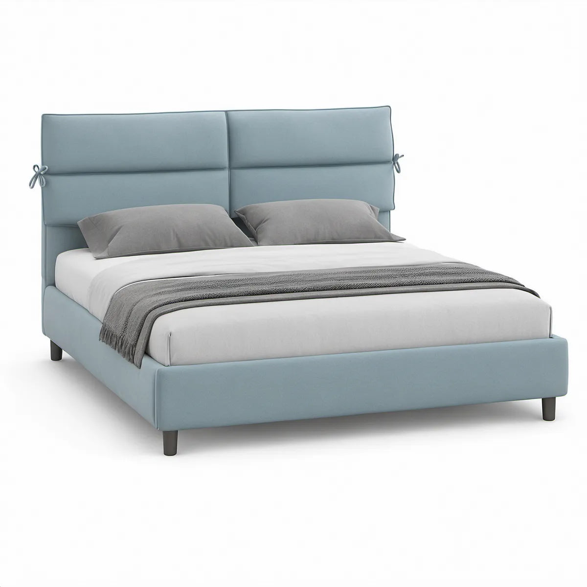 Queen Light Blue Upholstered Platform Bed Frame with Padded Panel Headboard, 65 x 88 x 46 in