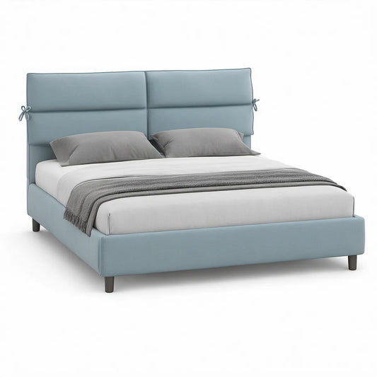Queen Light Blue Upholstered Platform Bed Frame with Padded Panel Headboard, 65 x 88 x 46 in