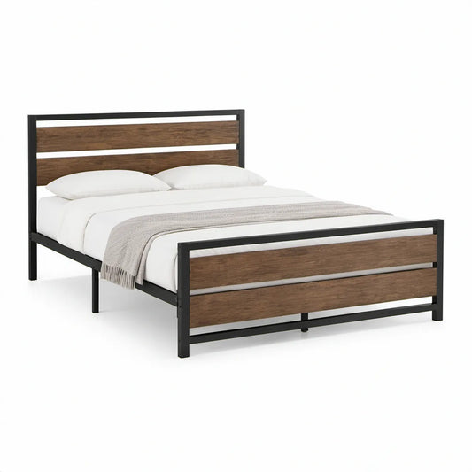 Queen Size Steel and Engineered Wood Bed Frame with Headboard and Footboard, 63 x 83 x 41 in, Brown/Black