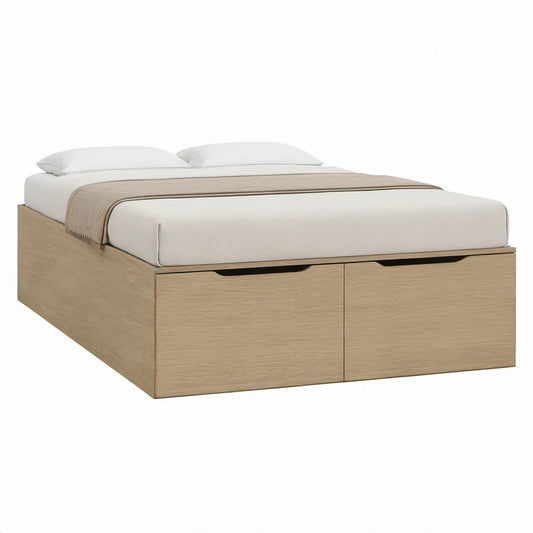 Queen Storage Platform Bed Frame with 2 Drawers, Light Oak, 82 x 63 x 16 in
