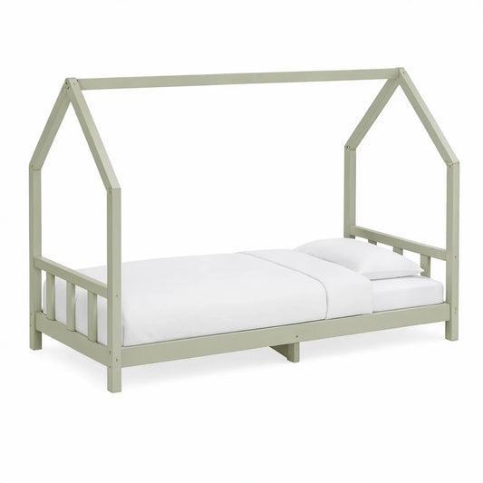 Twin House Bed Frame, Solid Pine, Sage Green, 79.5 x 42.5 x 67 in