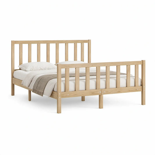 Natural Solid Pine Wood Queen Bed Frame, 84 x 64 x 40 in