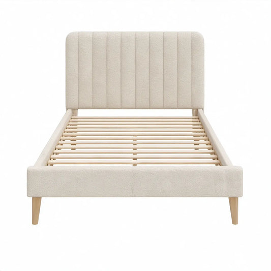 Queen Cream Boucle Upholstered Platform Bed Frame with Natural Wood Legs, 64 x 85 x 50 in