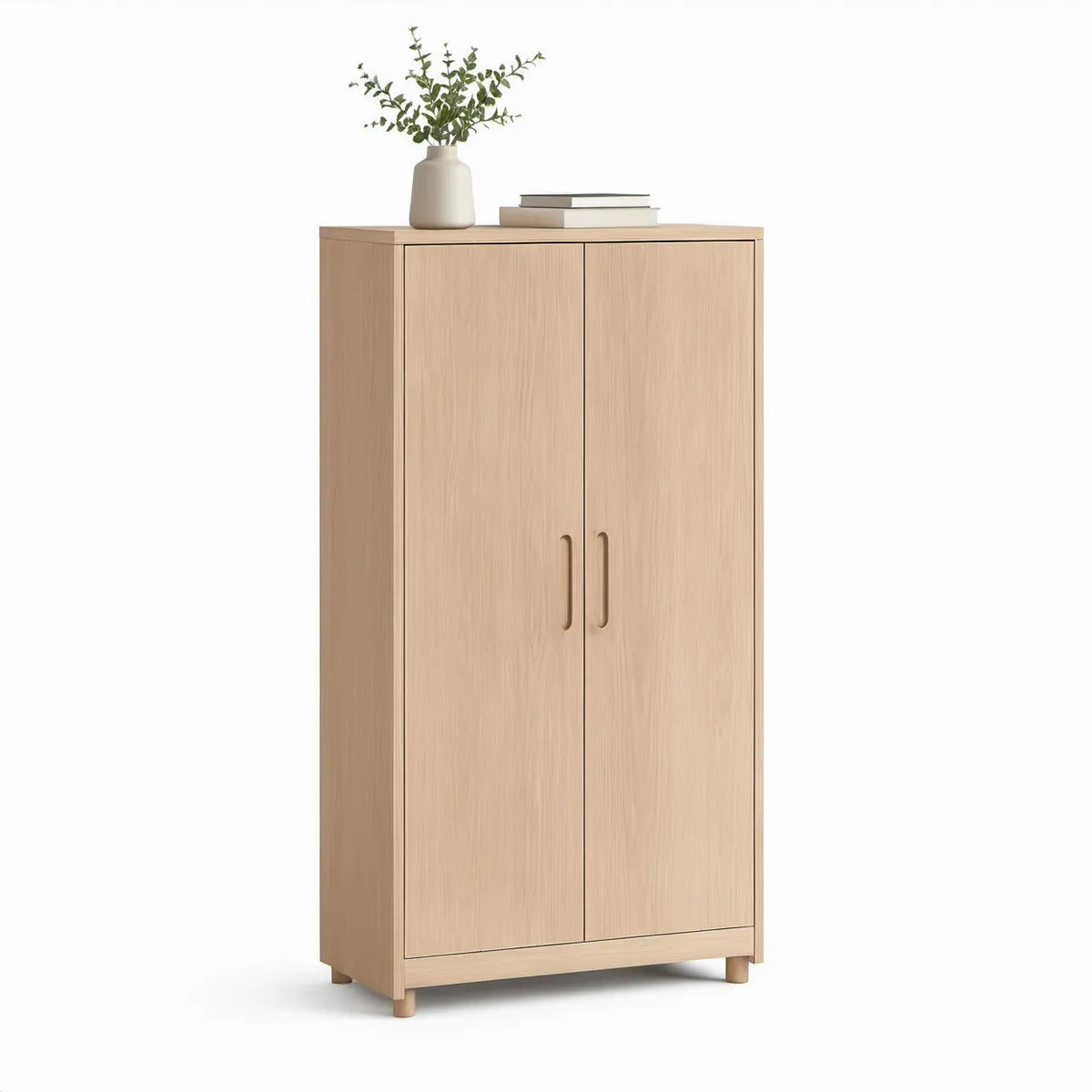 Tall 2-Door Shoe Storage Cabinet, Natural Oak Engineered Wood, 31.5 x 13.8 x 63 in