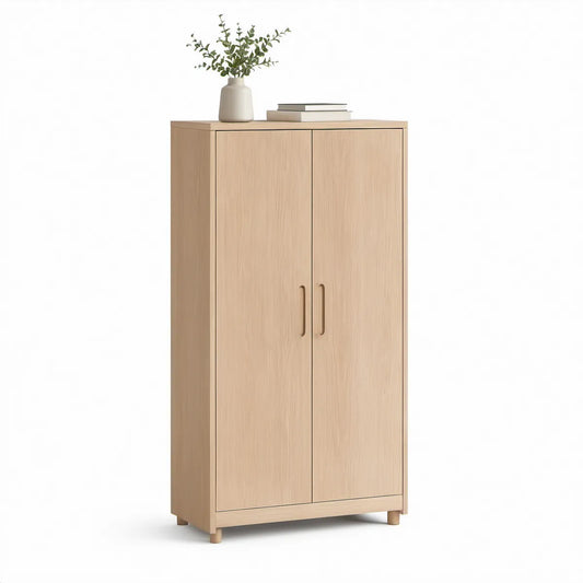 Tall 2-Door Shoe Storage Cabinet, Natural Oak Engineered Wood, 31.5 x 13.8 x 63 in