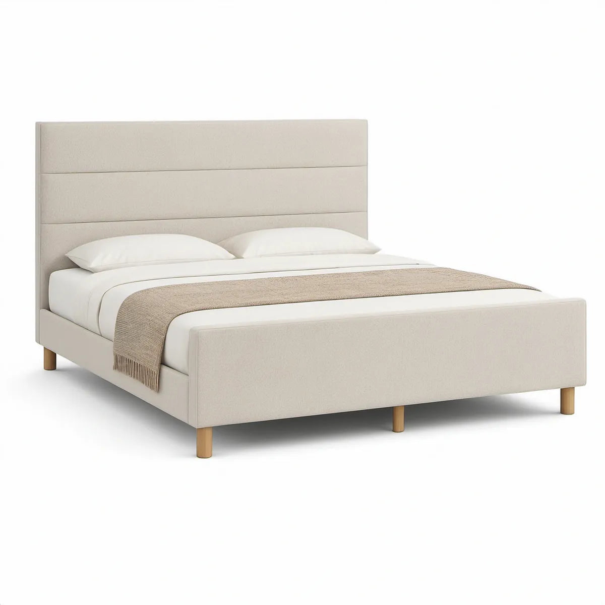 Queen Beige Upholstered Platform Bed Frame with Natural Brown Legs, 64 x 86 x 48 in