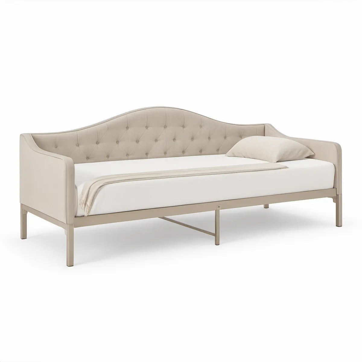 Beige Upholstered Twin Daybed Frame, 80 x 42 x 38 in, Tufted Back, Polyester Fabric
