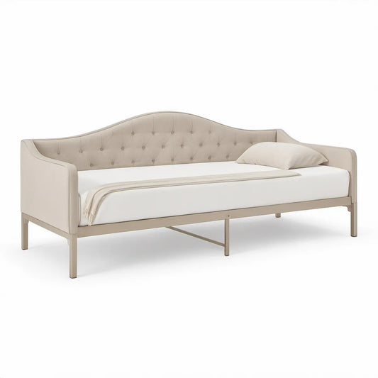 Beige Upholstered Twin Daybed Frame, 80 x 42 x 38 in, Tufted Back, Polyester Fabric