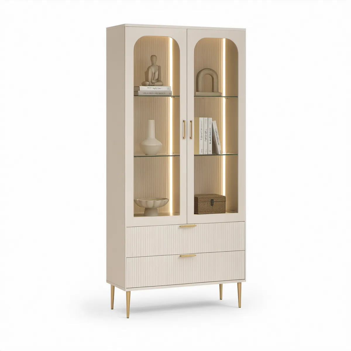 Cream, Light Oak and Gold LED Glass Display Cabinet, 31.5 x 15.7 x 70.9 in