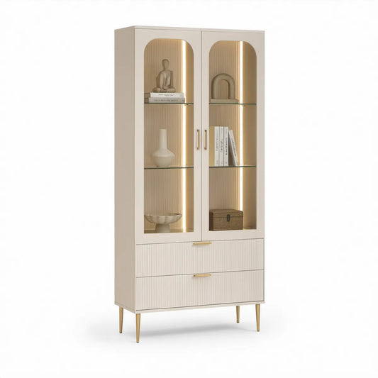Cream, Light Oak and Gold LED Glass Display Cabinet, 31.5 x 15.7 x 70.9 in