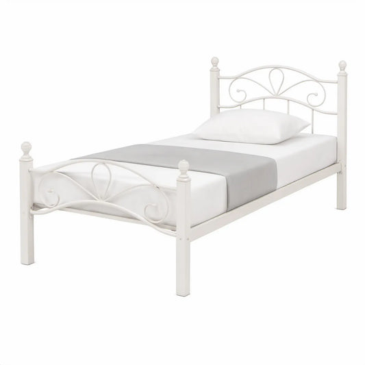 White Twin Metal Frame with Curved Scrollwork, 77.5 x 40.5 x 38 in